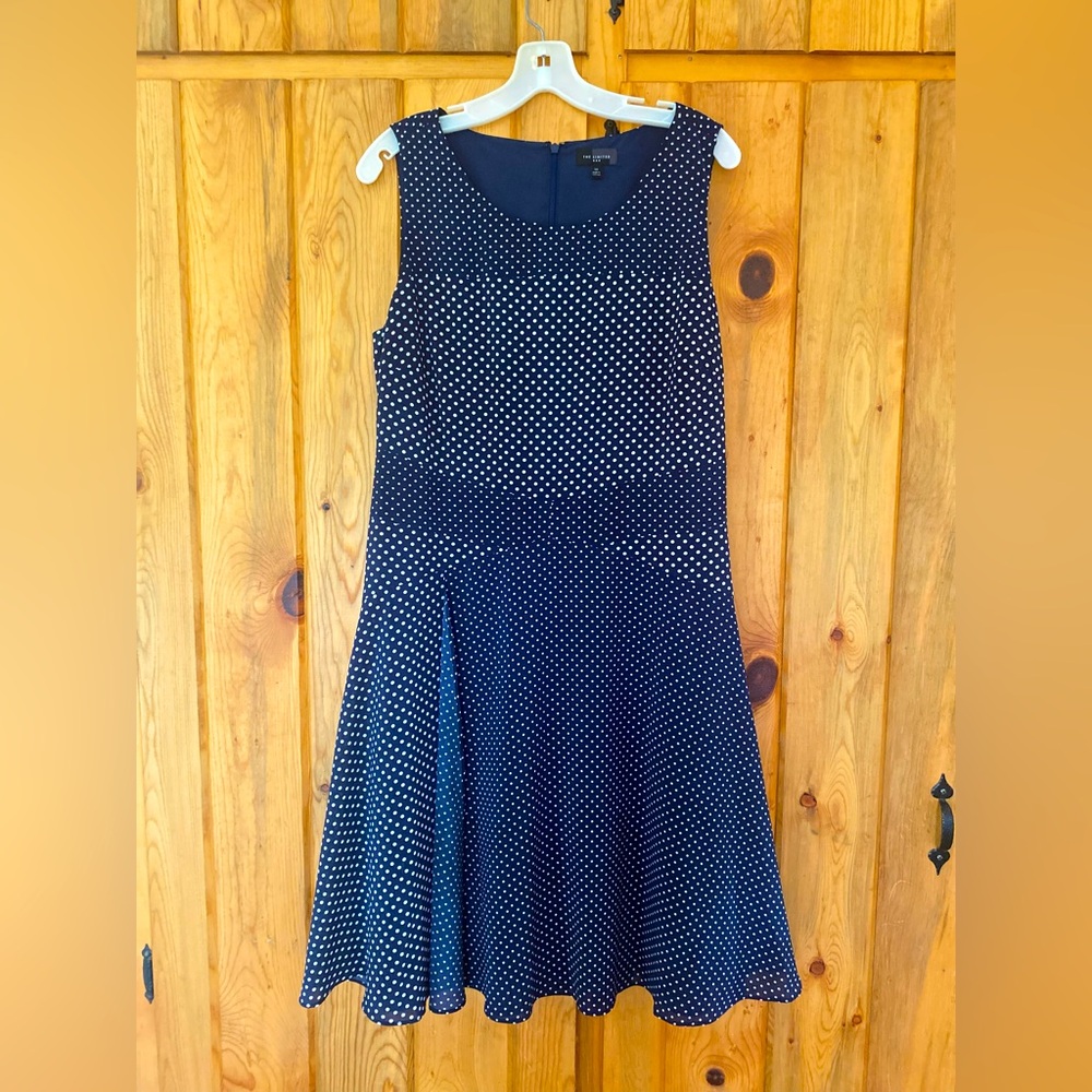 Navy & White Polka Dot Dress from The Limited. Sleeveless, flowy skirt. SZ 14